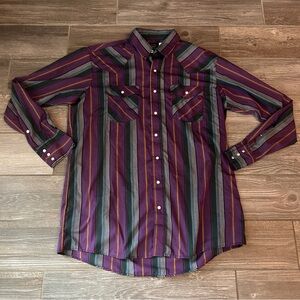 VTG Saddle King Western Striped Long Sleeve Pearl Snap Button Down,‎ 17.5/36.5